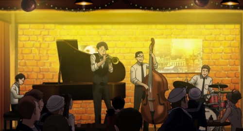 Kaoru and Sentarou (far left and right, respectively) play a gig with trumpeter Jun and Ritsuko's bass-playing dad.